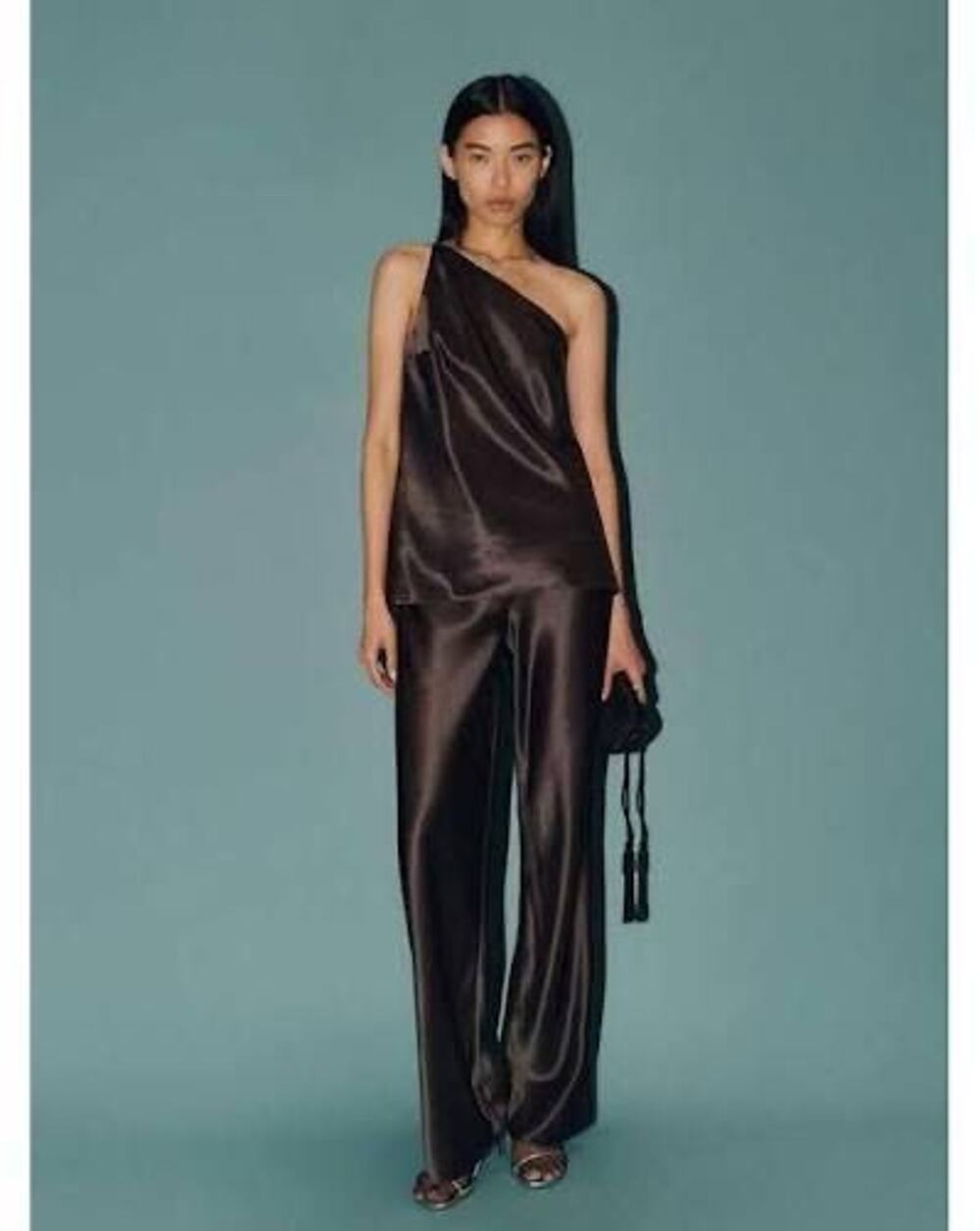 NWT Reformation Samantha Silk Two Piece Set One Shoulder Top Pants Black Size 10